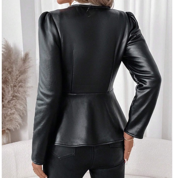 Classic Vegan Leather Zip up Puff Sleeve Flared Hem Jacket - Picture 4 of 10